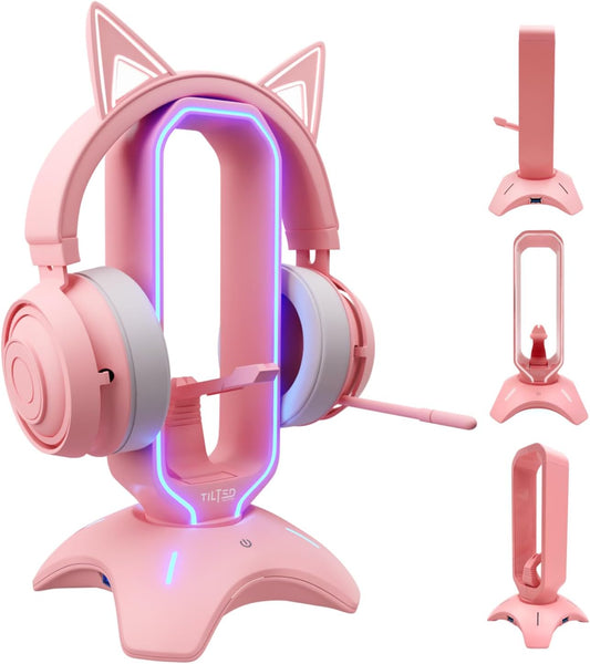 RGB Gaming Headset Stand - 3 in 1 Pink with Mouse Bungee and 2 Port USB Hub Charger - the Ultimate Accessory and Gamer Gift - Headphone Holder for Desk